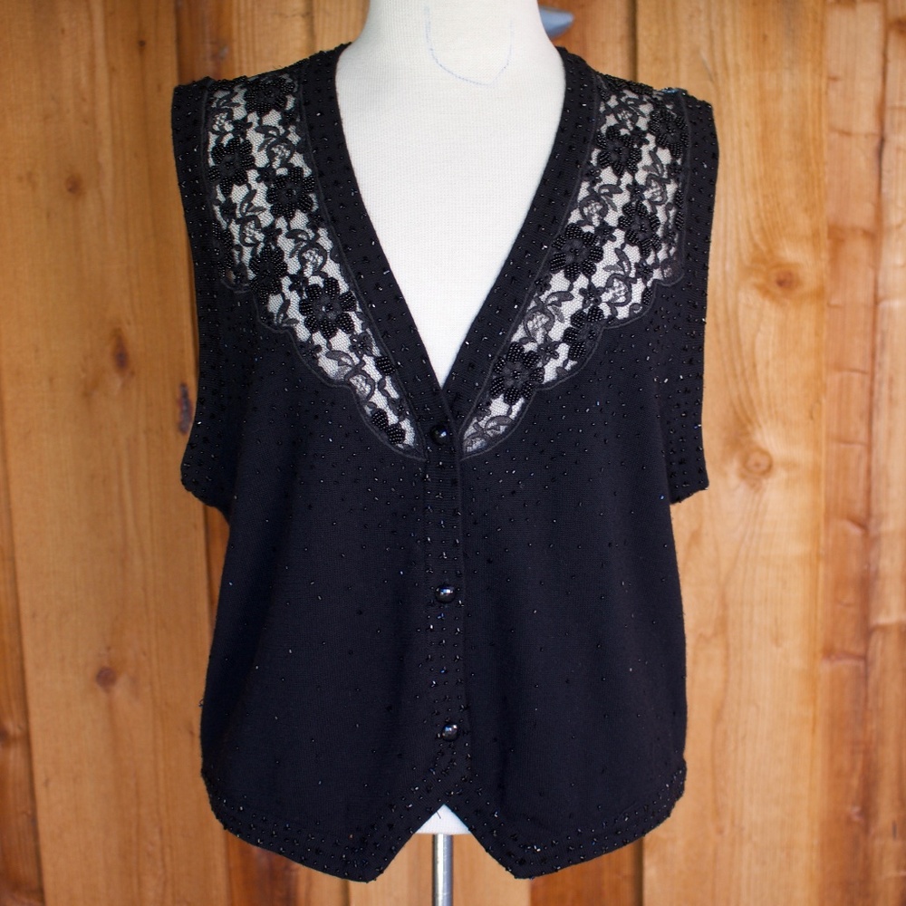Vintage Talbots 100% Wool Beaded & Lace Knitted Black Button Down Vest Size L